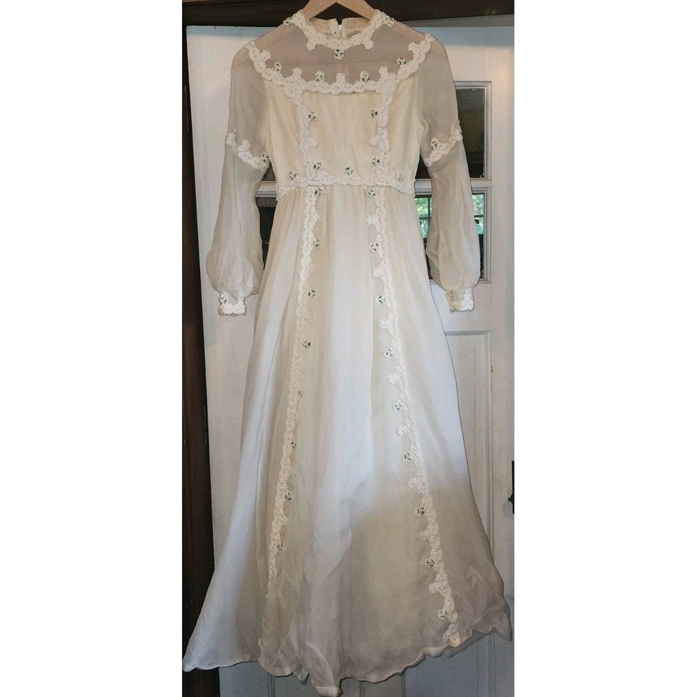 VTG 70s Wedding Bride Romantic Renaissance Bridal Prairie Cream Crochet Trim Lac
